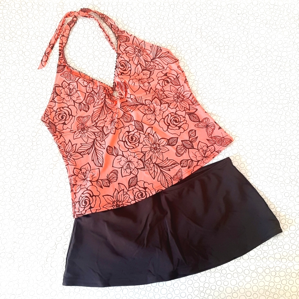 2 Pc Swim Set Coral Floral And Brown Halter Top and Brown Skirt Sz 14